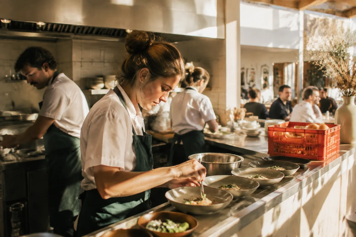 Chef plating at the Marlow & Vine kitchen pass