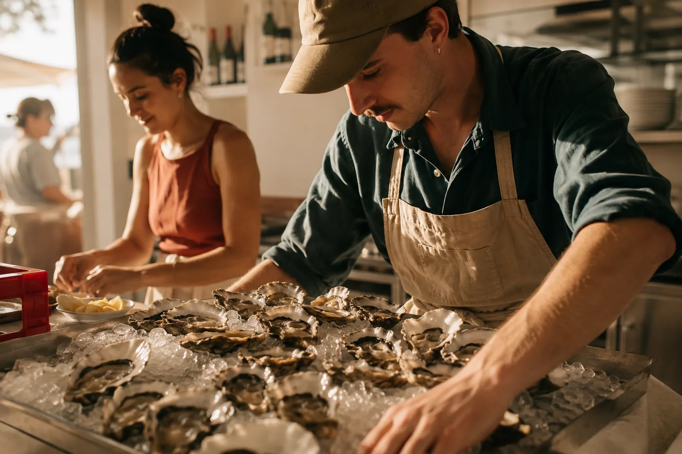 Sydney rock oysters on ice, close-up
